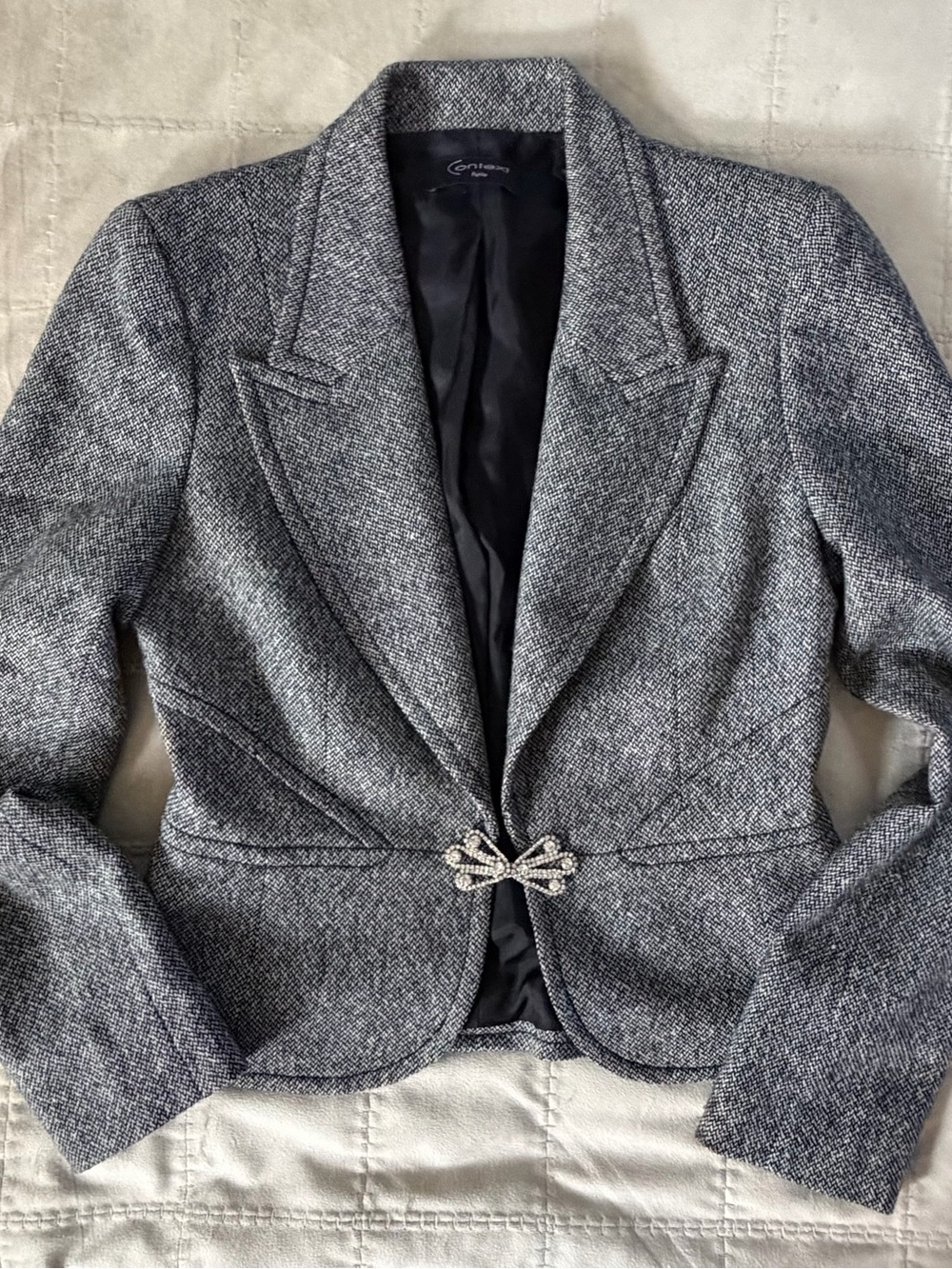 Vintage Y2K Context Petite Tweed Wool Blend Blazer Rhinestone Clasp 2P